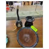 Decorative Wooden Cat and Two Ceramic Bowls