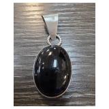Navajo Sterling Silver Pendant w Black Stone SIGNE