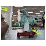 Green Patina Horse Sculpture on Wooden Base
