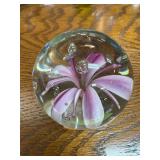 Glass Paperweight with Pink Flower Design