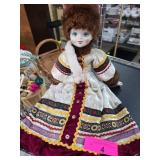 Porcelain Doll With Embroidered Velvet Dress