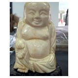Carved Ivory Buddha Figurine on Wooden Base