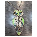 Owl Pendant Necklace with Green Enamel Design