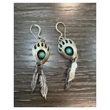 Sterling Silver Earrings With Turquoise and Feathe