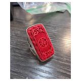 Sterling Silver Ring with Carved Red Detail