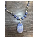 Blue Beaded Necklace with Teardrop Pendant