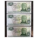 Three 500 Pesos Argentina Banknotes