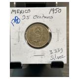 1950 Mexico 25 Centavos Coin