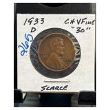 1933-D Lincoln Wheat Cent in CH-VF Condition