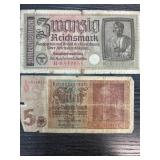 German Reichsmark Banknotes, 5 and 20 Denomination