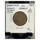 1954 Saarland 20 Franken Coin