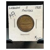 1925 Lebanon 5 Piastres Coin