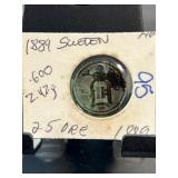 1889 Sweden 25 Ore .600 Silver Coin