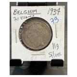 1934 Belgium 20 Francs Silver Coin