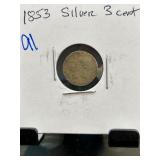 1853 Silver Three-Cent Coin in Holder