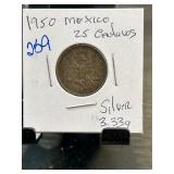 1950 Mexico 25 Centavos Silver Coin