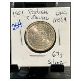 1951 Portugal 5 Escudos Coin, MS64 Condition