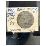 1869 Spain 1 Peseta Coin with Filled Hole