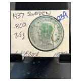 1937 Swedish 1 Krona .800 Silver Coin