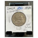 1870 Spain 2 Pesetas Coin in Holder
