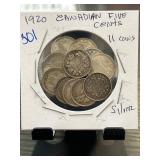 1920 Canadian Five Cents, 11 Silver Coins
