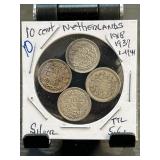 Four Netherlands 10 Cent Coins (1918-1944)