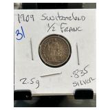 1909 Switzerland 1/2 Franc Coin