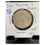 1916 Tunisia 2 Francs Coin in .835 Silver