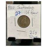 1920 Switzerland 1/2 Franc Coin in Holder