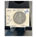 1904 Philippines 20 Centavos Silver Coin