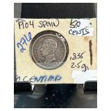 1904 Spain 50 Centimos Silver Coin