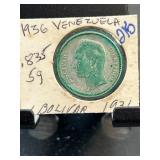 1936 Venezuela 1 Bolivar Coin with Green Toning