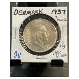 1937 Denmark 2 Kroner Silver Coin