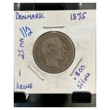 1875 Denmark 1 Krone Silver Coin