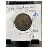 1934 Switzerland 1 Franc Coin