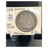 1881 Mexico 25 Centavos Silver Coin