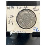 1939 Tunisia 5 Francs Coin