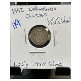 1942 Netherlands Indies 1/10 Gulden Coin