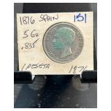 1876 Spanish Silver 1 Peseta Coin