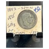 1883 Spain 20 Centimos Coin