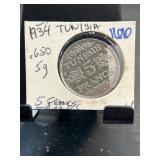1934 Tunisia 5 Francs Silver Coin