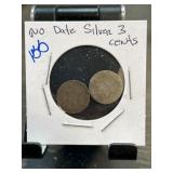 Two No-Date Silver Three-Cent Coins