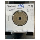 1938 Norway 1 Krone Coin in AU50 Condition