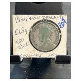 1934 New Zealand Silver Shilling Coin
