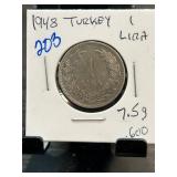1948 Turkey 1 Lira Coin