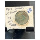 1947 Turkey 50 Kurus Coin, .600 Silver
