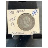1891 Spain Alfonso XIII 1 Peseta Coin