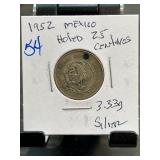 1952 Mexico 25 Centavos Silver Coin