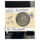 1852 Sweden 1/16 Riksdaler Coin