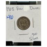 1908 Peru Dinero Silver Coin